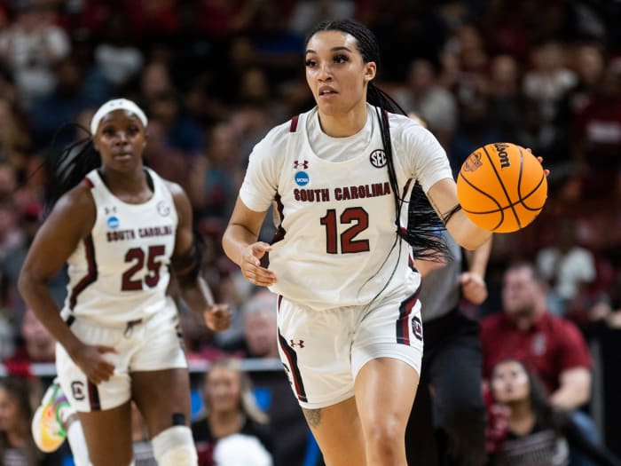 South Carolina’s Brea Beal brings the ball upcourt against Maryland in the Elite Eight of the NCAA women’s tournament.